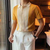 Riolio  Korean Summer Men Knitted Shirts Streetwear Fashion Male Clothes New Contrast Color Slim Fit Short Sleeve Business Casual Tops
