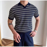 Riolio  Summer Breathable Short-sleeved Half-sleeved T-shirt for Stripes Men Fashionable New Korean Style Knitted Sweater Casual Collar