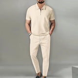 Riolio New Men's POLO Shirt 2 Sets Casual Fashion Commercial Breathable Lapel, Pants pull rope Solid Color Men 2 sets