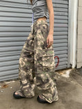 Riolio Women's Camouflage Pattern Drawstring Design Thin Pants Girl Street Fashion Bottoms Female High Waist Straight Wide-leg Trousers