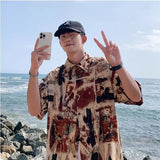 Riolio American high street men and women trendy personalized printed vacation shirts for couples loose beach casual short sleeves y2k