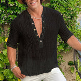 Riolio Vintage Solid Color Cotton Linen Men's Tops Spring Summer Casual Loose Half Sleeve Button V Neck Shirts Leisure Mens Shirt
