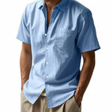 Riolio Summer New Solid Color Linen Men's Shirt Turn-down Collar Short Sleeve Men's Loose Casual Pocket Outdoor Vacation Shirt