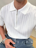 Riolio Zipper Knitted Short-sleeved Polo Shirt Men Summer American Retro Commuting Loose Vertical Striped Pit Strip Lapel T-shirt Men