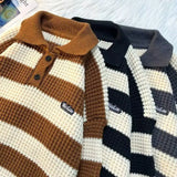 Riolio  American autumn and winter street fashion men and women collar striped sweater couple loose retro casual knitted Harajuku top