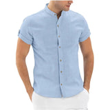 Riolio  Spring Summer Designer Casual Shirts For Men Cotton Linen Solid Color Shorts Sleeve Shirts White Loose Stand Collar Shirts Tops