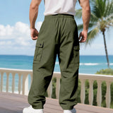 Riolio  Summer Men Straight‑Leg Cargo Pants Light‑Weight Fabric Daily Wear Elastic Waist Multi‑Pocket Outdoor Casual Trousers