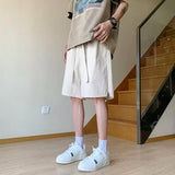 Riolio  Summer Men's Clothing Solid Color Pockets Elastic High Waisted Knee Pants Wide Leg England Style Loose Drawstring Shorts
