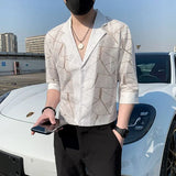 Riolio  Casual Men's Summer New Patchwork Square Collar Button Printing Slim Hollow Out Comfortable Three Quarter Shirts