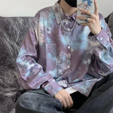 Riolio  Men Trendy Vintage Tie Dye Print Casual Streetwear Oversized Shirt Youth Male Korean Lapel Long Sleeve Hip Hop Y2K Harajuku Tops