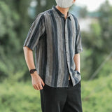 Riolio  Men's Vertical Striped Half Sleeve Shirt Casual Loose Button Down Linen Blended Shirts For Male