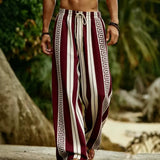 Riolio  Vacation Men Striped Beach Pants Bohemian Geometric Pattern Drawstring Loose Wide Leg Trousers Summer Casual Resort Wear