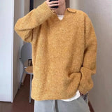 Riolio  Men's Knitted Polo Sweater Luxury Retro V Neck Solid Color Long Sleeve Pullover Winter Japanese Trending Premium Knitwear M-3XL