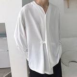 Riolio Men Shirt V Neck Irregular Long Sleeve Shirt Streetwear Solid Color Korean Casual Shirts Button Loose Shirt