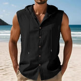 Riolio  Loose Casual American Style Men's Summer Linen Hooded Sleeveless Shirt Hip Hop Trendy Top Comfortable Breathable Garment