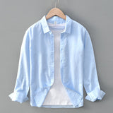Green Cotton Linen Casual Shirts For Men Basic Classic Long Sleeve Turn-down Collar Breathable Clothing