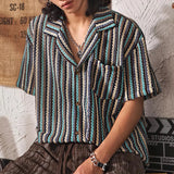 Riolio  Vintage Turn-down Collar Striped Knit Shirts Men's New Casual Button-up Cardigans Men Fashionable Short Sleeve Knit Slim Shirts