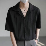 Riolio  Men Casual Cuban Collar Short Sleeve Shirt Vertical Striped Textured Loose Fit Button Down Shirt For Daily Streetwear