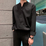 Riolio  Korean Shirt Men Autumn New Niche Design Collarless Wrinkle-Free Long Sleeve Business Casual Top Solid Color Men Dress Shirt