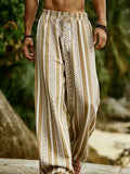 Riolio  Vacation Men Striped Beach Pants Bohemian Geometric Pattern Drawstring Loose Wide Leg Trousers Summer Casual Resort Wear
