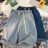 Riolio  Men's Casual Elastic Waist Drawstring Denim Shorts Loose Fit Rolled Hem Summer Jeans Shorts