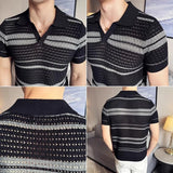Riolio  New Fashion Hollow Out Polo Shirt Luxury Men's Clothing Korean Style Leisure V Neck Short Sleeve Patchwork Breathable Knitwear