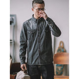 Riolio Retro Vertical Striped Denim Shirt Heavy American Casual Vintage Workwear Clothes Washing Old Pockets Long-sleeve Shirt