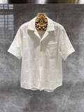 Riolio Summer Mens Hollow Out Crochet Beach Shirt Short Sleeve Single Breasted Loose Fit Tops Vintage Breathable Night Clubwear Shirts