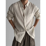 Riolio  Linen Long-sleeved Shirt Men's Spring Autumn Retro Style Loose Thin Breathable Shirt