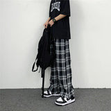 Riolio  Hip-hop Wide-leg Summer Straight Tube Black and White Plaid Loose Slim Long Pants for Men and Women Casual Pants