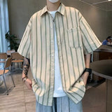 Riolio  Short-sleeved Shirt Men's Retro Loose Teen Handsome Versatile Stripes