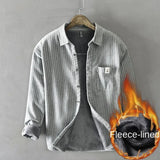 Riolio  Autumn Winter Men Casual Vertical Stripes Plus Velvet Shirt Cotton Long Sleeve Comfortable Daily Tops Button Down Shirts Coat