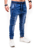 Riolio High Quality Solid Pocket Jeans Mens Denim Cotton Pants Causal Vintage Cargo Pants Drawstring Stretchy Pencil Jeans Male