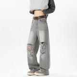 Riolio  2025 New Baggy Ripped Jeans Men Grey Distressed Denim Pants Loose Oversized Drop Street Style Fall Fashion High Quality