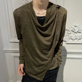 Riolio  Mens Drape Cowl Neck Asymmetric Layered Top Shoulder Buckle Slim Summer Streetwear Fashion Vintage Youth Long Sleeve  T Shirt