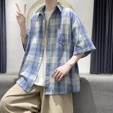 Riolio  Men Trendy Vintage Plaid Oversized Harajuku Streetwear Y2K Shirts Summer Casual Short Sleeve Pocket All Match Tops Ropa Hombre