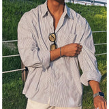 Riolio Men's Blue Vertical Striped Long-Sleeved Shirt, Korean Style High Quality Casual  Shirt Coat， Travel ，Hiking