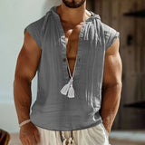 Riolio  Summer Cotton Linen Sleeveless Hooded Shirt For Men Loose Casual Solid Breathable Pullover Tops Men's Tassel Decoration Tank Top