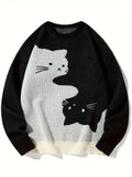 Riolio  Autumn/Winter New Color-Block Cat-Print Knit Sweater for Women - Loose and Casual Style Student Pullover