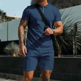 Riolio New Men's Suit Summer Casual Sportswear Waffle Solid Color Loose Lapels T-shirt and Shorts Two-Piece Set Free Shipping