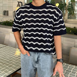 Riolio Summer Men's Knit Jacquard Short Sleeve T-shirts Striped Hollow Out Casual Tshirts New Y2K Vintage Streetwear Tee Tops