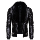 Riolio Red Men's Punk Removable Fur Collar Rivets Pressed Cotton Thick Windproof Motorcycle Leather Jacket Jacket