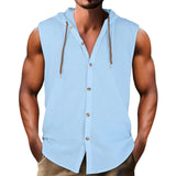 Riolio  Summer Men Casual 100% Cotton Shirts Turn-down Collar Male Solid Color Sleeveless Loose Drawstring Hoodie Shirts For Men's Tops