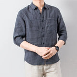 Riolio  7-point Mid-sleeved Shirt Men Summer Loose Large-size Lapel Open-line Pocket Breathable Casual Cardigan