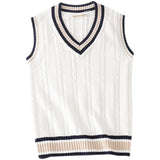 Riolio Sweater Vest Men Thicken V-neck Sleeveless Knitted Sweaters Vests Striped Retro Preppy-style Simple Chic Loose Casual All-match