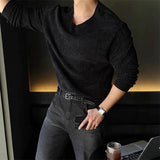 Riolio  New Korean Fashion Men T-shirt Luxury Knitted Solid Color O Neck Long Sleeve Tees Casual Premium Quality Textured Knitwear M-3XL