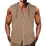 Riolio  Summer Men Casual 100% Cotton Shirts Turn-down Collar Male Solid Color Sleeveless Loose Drawstring Hoodie Shirts For Men's Tops