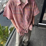 Riolio  Men's Casual Loose Fit Short Sleeve Shirt Rainbow Gradient Plaid Texture Breathable Lapel Button Down Summer Streetwear Top