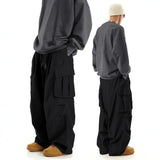 Riolio  Men Big Pocket Cargo Pants Elastic Drawstring Waist Loose Wide Leg Streetwear Casual Work Trousers