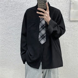Riolio  Solid Color Shirt with Tie Spring Autumn New Style Hong Kong Style Retro Versatile Long Sleeve Men's Loose Casual Top Trend